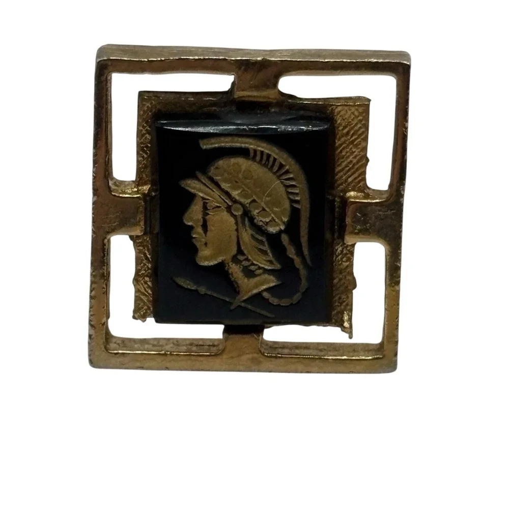 Vintage Cufflinks Roman Trojan Greek‎ Soldier Gold Tone Black Center Open Frame
